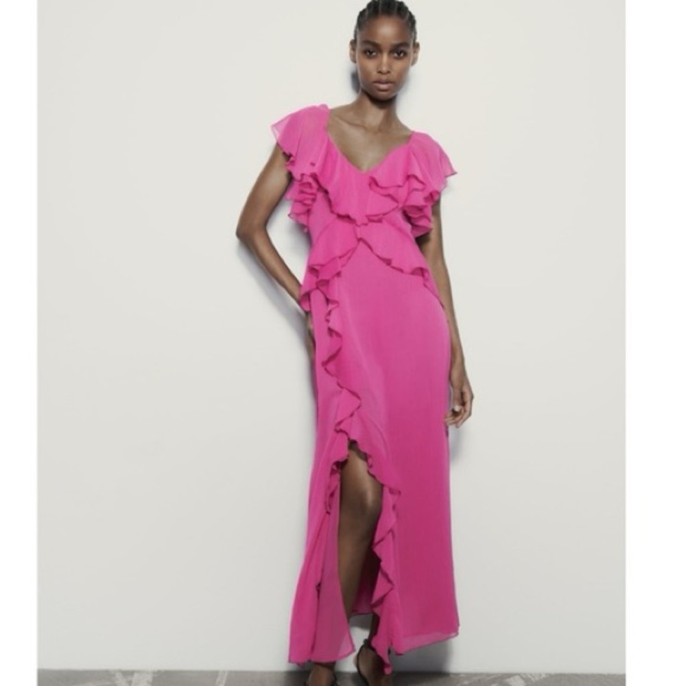 Zara Fuchsia Ruffle V-Neck Maxi Dress NWT Small